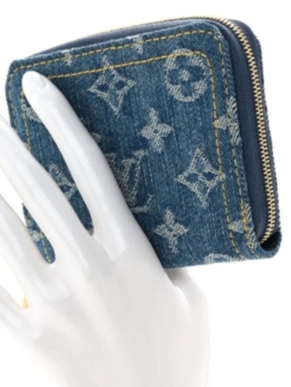 Cotton Denim Monogram Zip-Around Wallet in Blue